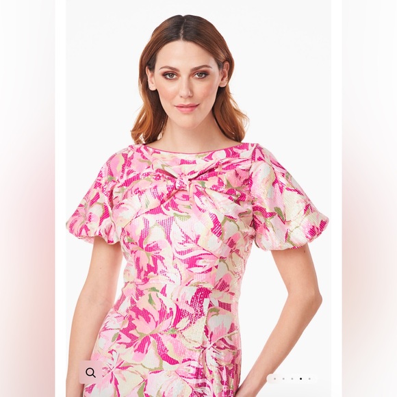 NEW JS Collections Pink Floral LOUISA Bow BOAT NECK Sequins MERMAID GOWN - Picture 2 of 11